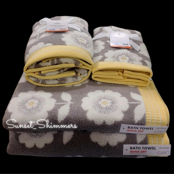 6pc Caro Home Daisy Flower Honey Gray Bath Hand Tip / Washcloth Towel Set NEW - Picture 10 of 10